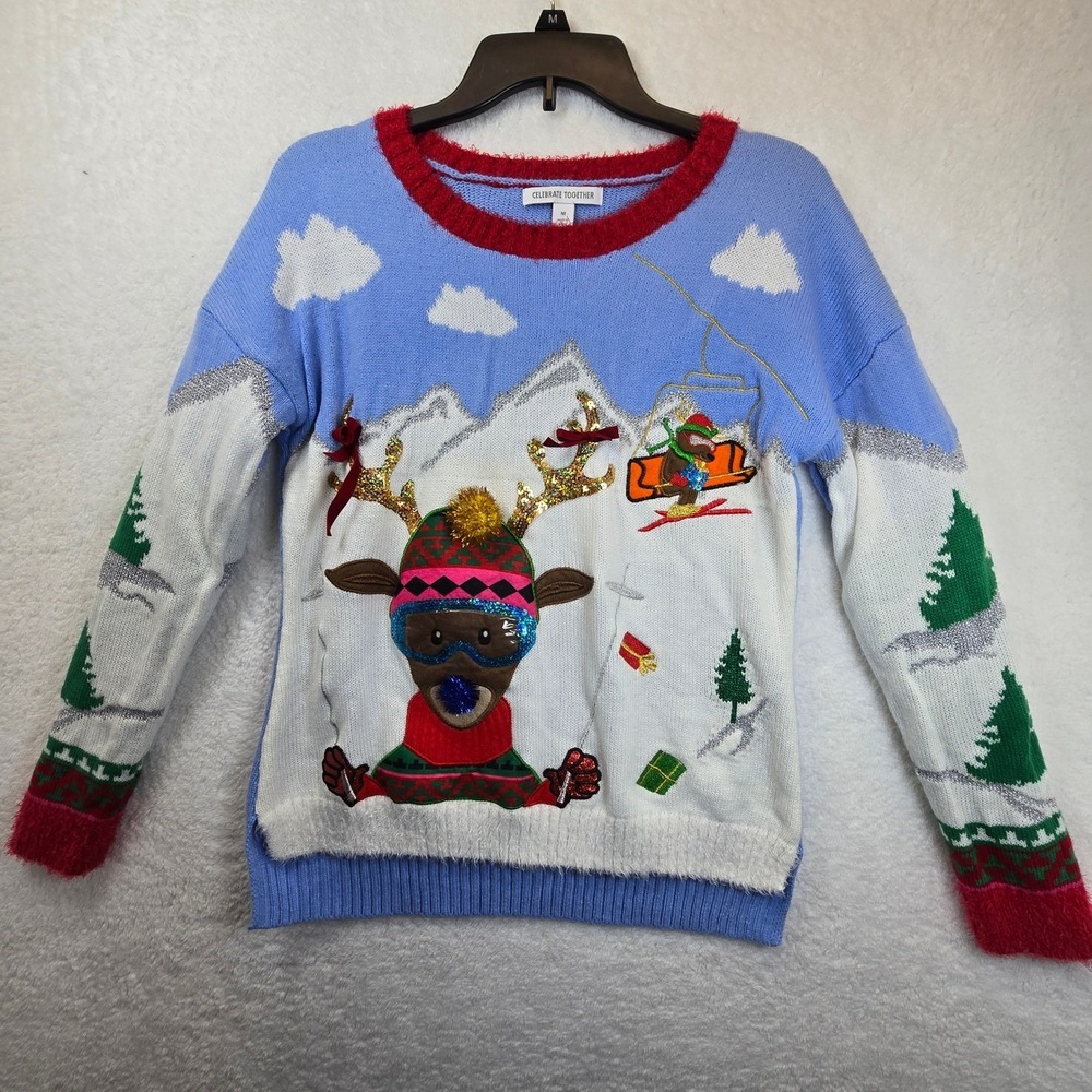 Reindeer Ski Resort Lodge Sweater Women M Snow Whimsical 3D Artsy Ugly Christmas